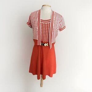 ST JOHN KNITS, Orange White Knit Skirt Suit, Gold Belt, Small?, Vintage